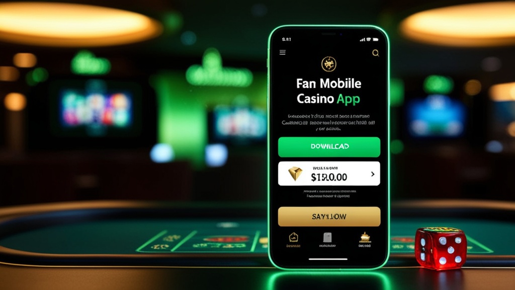 Smartphone met mobiele casino-downloadpagina in donkere neonomgeving
